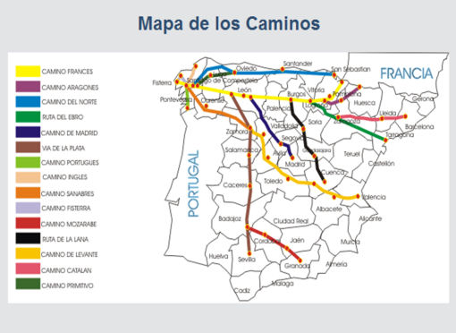 Santiago de Compostela, mapa de los caminos
